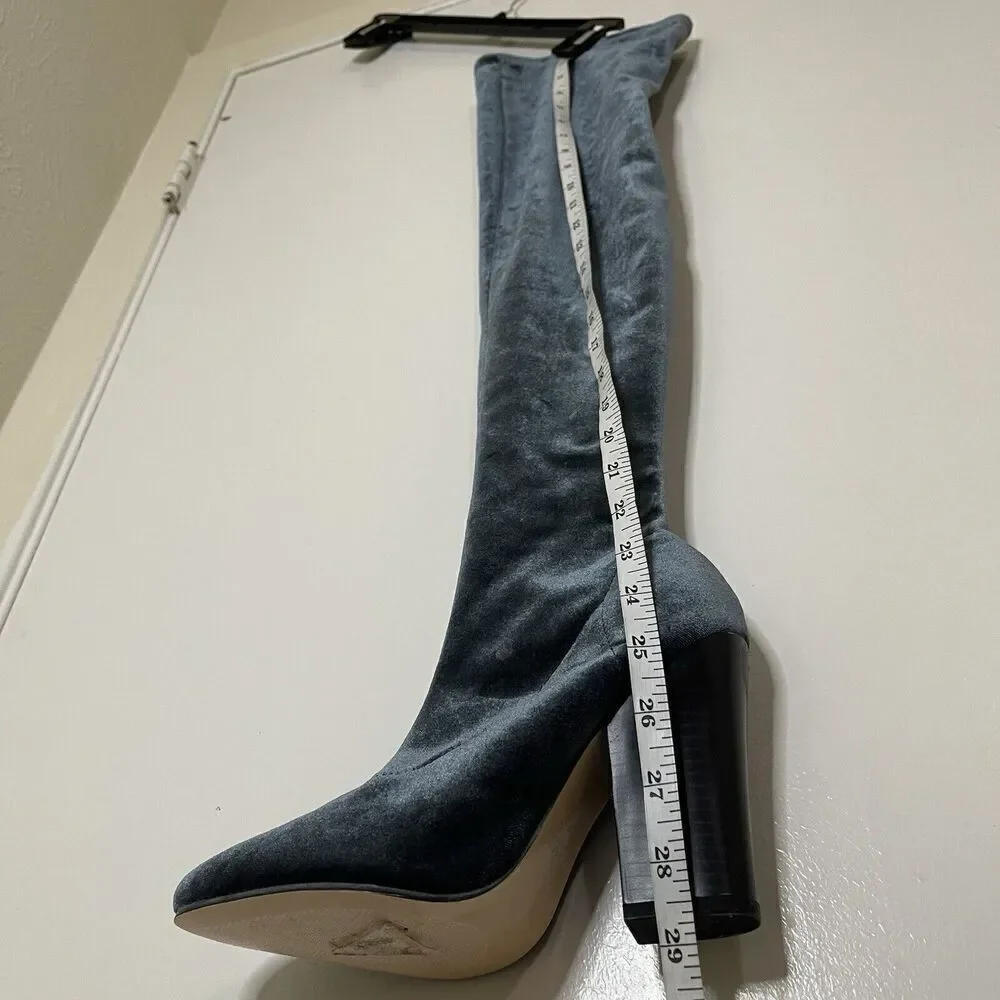 ZARA teal blue point toe velvet velour thigh high sock heeled boots 37 US 6.5
